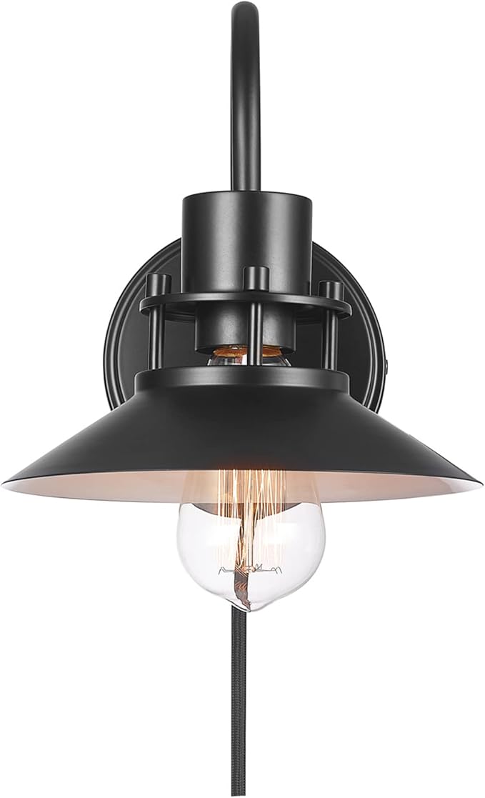GLOBE Electric Wren 1-Light Plug-in or Hardwire Wall Sconce, Matte Black, 6ft Black Braided Fabric Designer Cord, in-Line On/Off Rocker Switch, Bulb Not Included