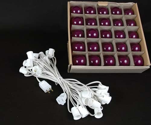 G50 Patio String Lights with 25 Purple Globe Bulbs – Wedding Outdoor String Lights – Market Bistro Café Hanging String Lights – Patio Garden Umbrella Globe Lights - White Wire - 25 Feet