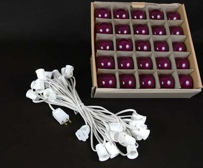 G50 Patio String Lights with 25 Purple Globe Bulbs – Wedding Outdoor String Lights – Market Bistro Café Hanging String Lights – Patio Garden Umbrella Globe Lights - White Wire - 25 Feet