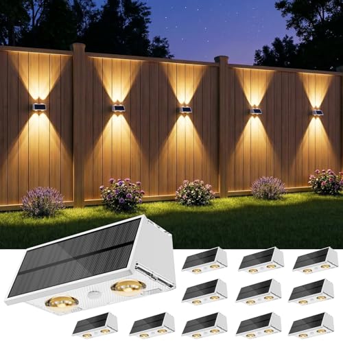 Bridika Solar Fence Lights Outdoor, 12 Pack Up and Down Wall Light, 8 Colors Lens LED Dusk to Dawn Solar Lights Outdoor Waterproof for Patio, Deck, Backyard, Garden White