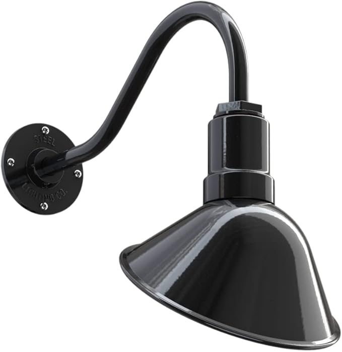 Steel Lighting Co. Venice Store Sign Light | for Outdoor Restaurant Accent Wall | 9 inch Dome | 16 inch Gooseneck | Made in America | Black Exterior/White Interior