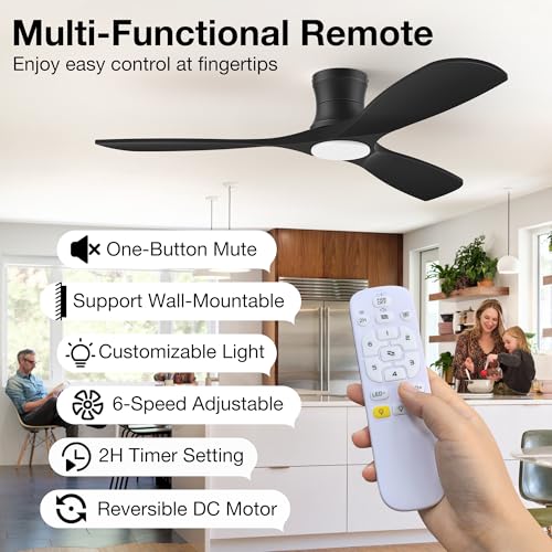 52In Low Profile Ceiling Fans with Lights,Flush Mount,Black,Outdoor Indoor