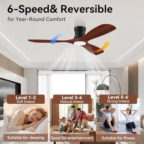52” Wood Smart Low Profile Ceiling Fans with Lights and Remote,Flush Mount