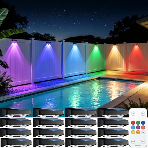 Solar Fence Lights Outdoor with Remote, 16 Pack 9 Colors & 11 Lighting Modes Fence Lights Solar Powered Waterproof IP65 Color Changing Solar Lights for Fence Garden Yard Patio Deck Step Wall