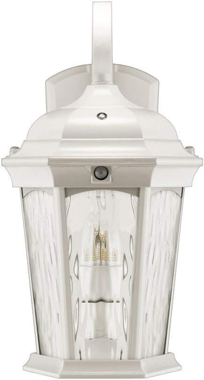 Euri Lighting EFL-140W-MD Flickering Flame Lantern, Water Glass, with Integrated Security Light (3000K), Photocell and Motion-Sensor (Dusk-to-Dawn), White Housing