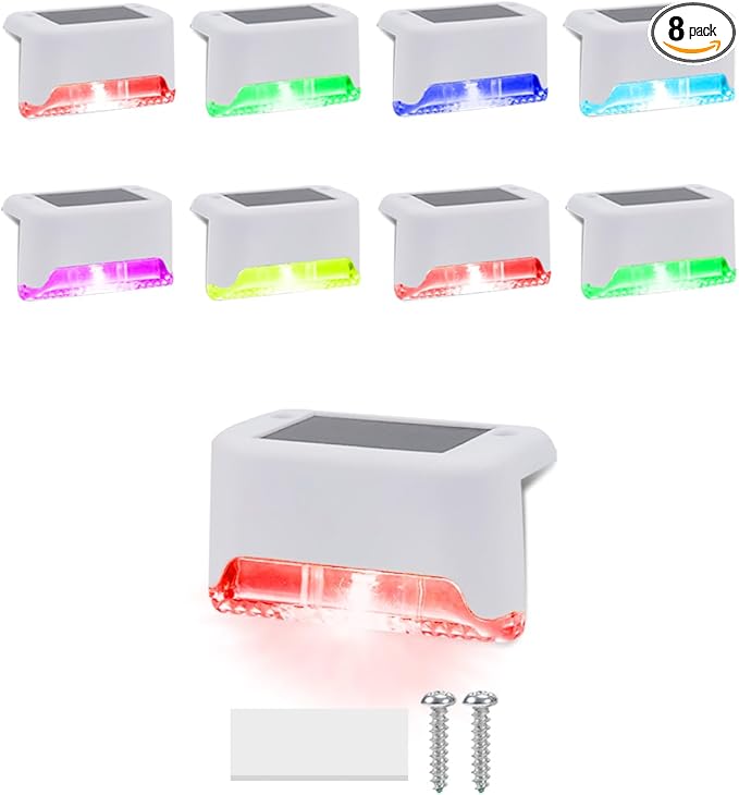 8 Pack Color Change Solar Step Lights Outdoor Small Waterproof RGB LED Stair Lamp Outside Decorative Lighting for Deck, Staircase, Railing, Pool, Retaining Wall, No Drill Install(White Shell)