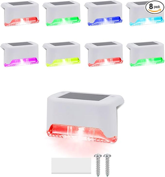 8 Pack Color Change Solar Step Lights Outdoor Small Waterproof RGB LED Stair Lamp Outside Decorative Lighting for Deck, Staircase, Railing, Pool, Retaining Wall, No Drill Install(White Shell)