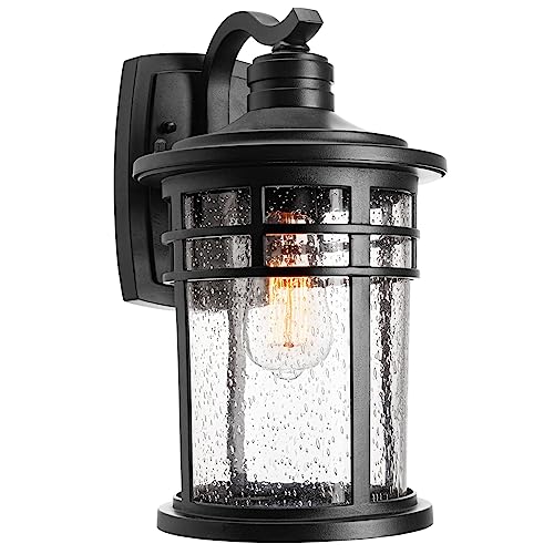 Darkaway Large Outdoor Porch Lights Wall Mount, 15inch Outdoor Light Fixtures Sconces Wall Lighting with Seeded Glass Exterior Lights for Patio Yard House Hallway Doorway Garage(Large, Black)