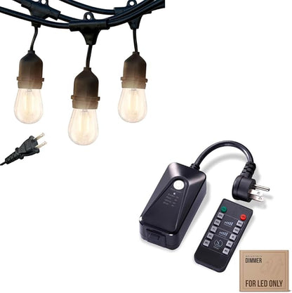 Brightech Bundle: Ambience Pro Waterproof LED Outdoor String Lights - Hanging, Dimmable 2W Vintage Edison Bulbs - 24 Ft + Outdoor Dimmer Plug