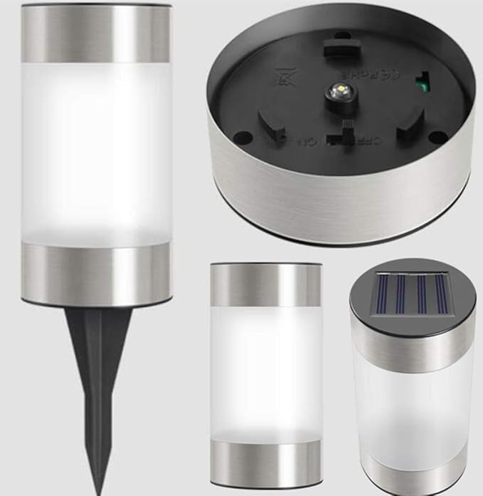 Solar Garden Lights Outdoor Solar Landscape Lights Silver Stainless Steel Bollard Decorative Lighting Waterproof Solar Powered Pathway Lights for Lawn Patio Yard Walkway Driveway,White,4 Pack