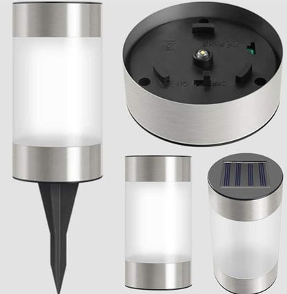 Solar Garden Lights Outdoor Solar Landscape Lights Silver Stainless Steel Bollard Decorative Lighting Waterproof Solar Powered Pathway Lights for Lawn Patio Yard Walkway Driveway,White,4 Pack