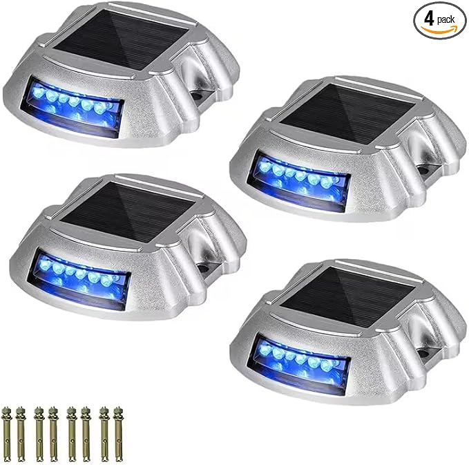 ikaufen Solar Driveway Lights, Solar Deck Lights Outdoor, Waterproof Dock Lights, Bright Blue/Green, 12 LED, with Screw, for Path Warning Garden Walkway Sidewalk Steps (4, Blue)