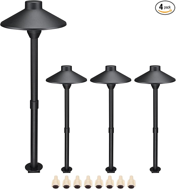 Lumina Lighting® Low Voltage Landscape Lighting Cast-Aluminum Path and Area Light Warm White 3W G4 LED Bulb and ABS Ground Stake Included for Yard Walkway Lawn PAL0106-BKLED4 (Black,4-Pack)