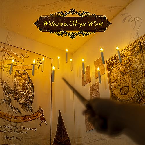 Homemory Hanging Floating Candles with Wand Remote and String, Flying Flameless LED Taper Candles Warm White Light, Battery Operated Window Candles with Wand for Halloween Christmas Party, 12 Pcs