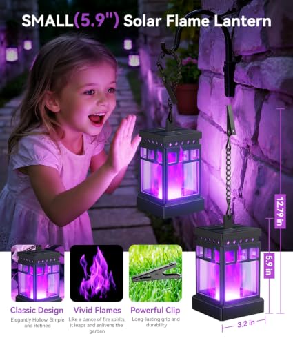 KOOPER Hanging Solar Lanterns Outdoor Waterproof, 6PCS Flickering Flame Hanging Solar Lights for Outside, Outdoor Solar Lanterns up to 12 Hours, Lanterns Decorative for Patio Yard Decor (Purple Light)