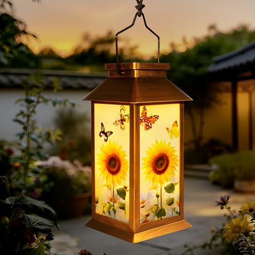 Guhope Birthday Gifts for Women Mom Grandma Men, Solar Lanterns Outdoor Waterproof Hanging Garden Decor with Sunflower Butterfly Pattern Outdoor Solar Lights for Garden Lawn Yard Patio Porch
