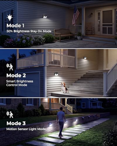140LED Solar Powered Lights Outdoor Waterproof, 3 Packs Motion Sensor Light Ultra-Bright, 3 Modes Fence Security Lighting for Outside Yard Wall Deck Step Garden(Cool White)