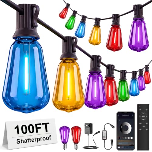 100FT Plug-in String Lights, Fixed 5-Color ST38 Bulbs, Bluetooth & Remote