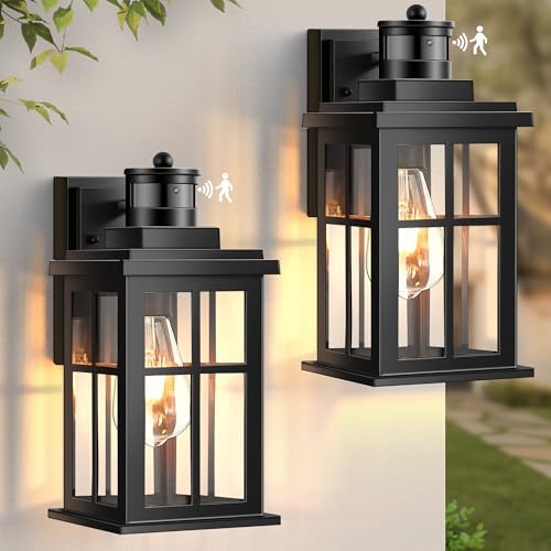 Motion Sensor Outdoor Lights, 2 Pack Outside Light Fixture Dusk to Dawn, Black Outdoor Motion Sensor Light, Anti-Rust Exterior Light Fixture for House, Garage, Doorway, Porch, 100% Aluminum