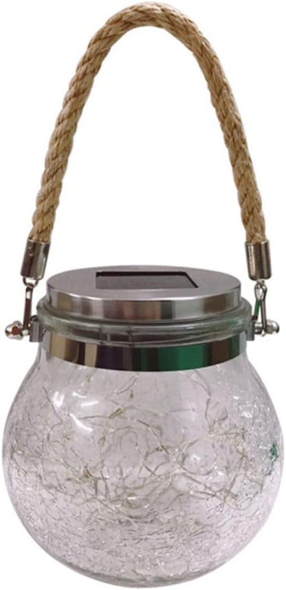 YARNOW Solar Powered Hanging Light Decorative Crackle Glass Jar Lamp for Outdoor Garden Lawn and Patio with Blue Led Light