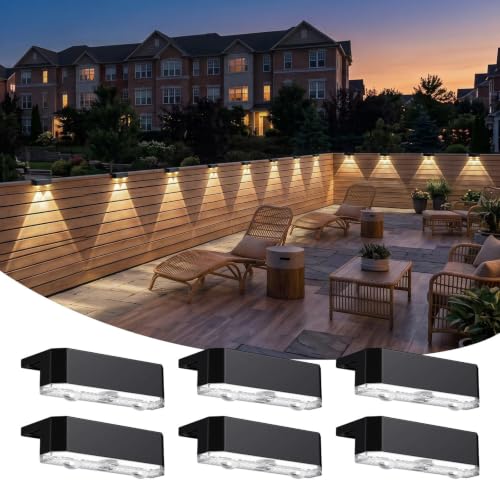 6 Pack Solar Fence Lights Outdoor, Railing Light Solar Powered, IP65 Waterproof Led Deck Solar Lights for Outside Backyard Balcony Porch, Warm White