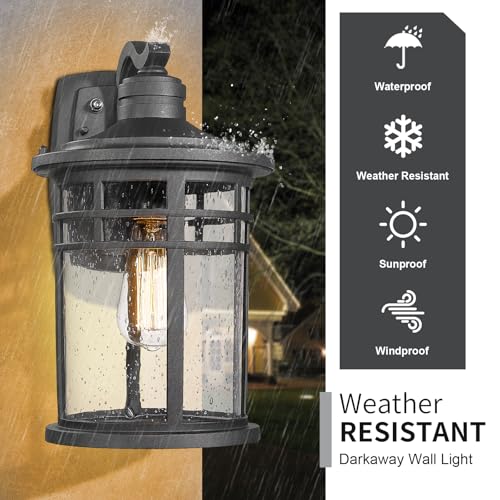 Darkaway Dusk to Dawn Outdoor Porch Wall Light,Outside Wall Mounted Light Seeded Glass Exterior Waterproof Lantern 14.57inch Large Modern Wall Sconce Lighting for House Front Door Garage