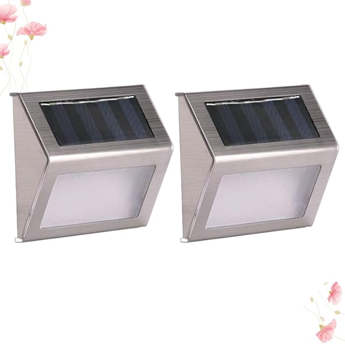 2pcs Solar Powered 3-LED Stair Lights Outdoor Waterproof Stainless Steel Wall Lamp for Fence Patio Steps, White Light, Solar LED Step Lighting for Garden Pathway