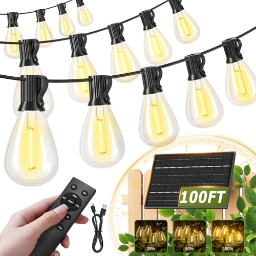 100FT Solar Outdoor String Lights with 36+2 Edison Shatterproof Waterproof Bulbs, 2200K Commercial Grade Patio Lights, Heavy Duty Outside Hanging for Garden Porch Deck Decor