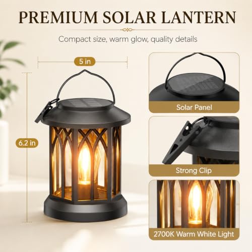 Solar Lanterns Outdoor Waterproof 2 Pack, Hanging Solar Lights with 2700K Warm LED Light, IP65 Solar Powered Lanterns with Clip, Auto On/Off Outdoor Lanterns for Garden Patio Yard Porch Decor