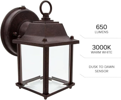 Maxxima LED Porch Lantern Outdoor Wall Light - Aged Bronze with Clear Glass, 3000K Warm White, 650 Lumens, Dusk to Dawn Photocell Light Sensor, Patio or Porch Sconce Fixture, Exterior Lighting - Brown