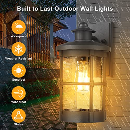 Outdoor Wall Sconces, Outdoor Wall Lights, Exterior Wall Mount Lighting, Wall Light Fixture in Black Finish with Seeded Glass (Black, 2 Pack)