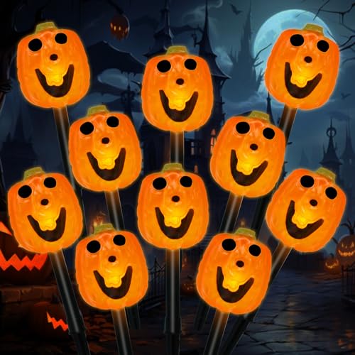 BRIGHTDECK Halloween Solar Pathway Lights Outdoor, LED Decor, Light Up Solar Stake Lights for Holiday, Halloween, Walkway, Sidewalk (Smile Pumpkin, 10-Pack)