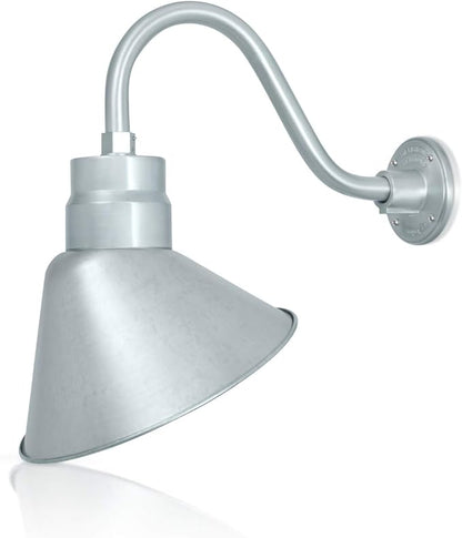 12in. Galvanized Finish Angle Shade Gooseneck Sign Light Fixture with 14.5 in. Long Extension Arm - Wall Sconce Farmhouse, Vintage, Antique - UL Listed - 9W 900lm A19 LED Bulb (5000K Cool White)