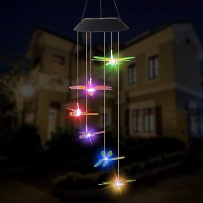 Solar Mobile Lights Hanging Wind Chime, Color Changing Outdoor Solar Garden Decorative Lights for Walkway Pathway Backyard Decoration Parties (Yellow Dragonfly)