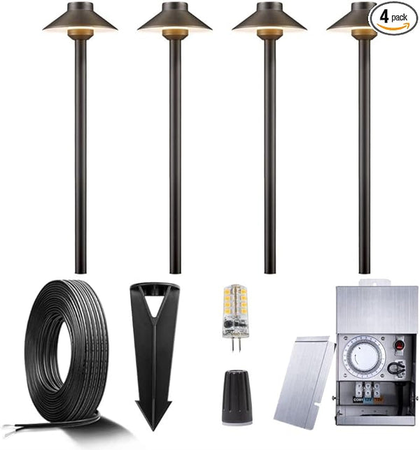 Gardenreet Brass Landscape Lighting Kit (4 Pack LED Path Lights) with 75W Low Voltage Transformer and 100 Feet | Lumora