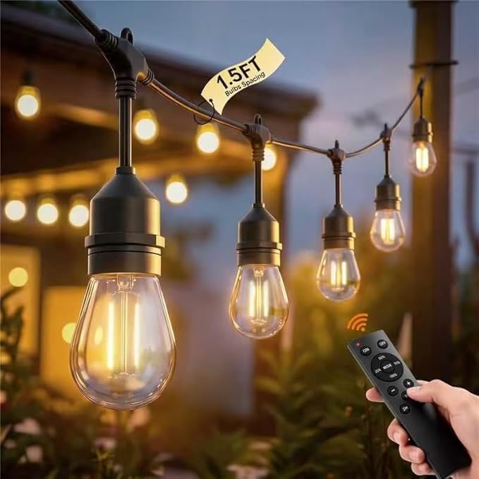 50FT S14 Outdoor String Lights, 32+2 Shatterproof Bulbs 2W, 1.5FT Spacing IP65 Waterproof| Dimmable with Remote, Heavy-Duty, Include Screw & Zip Ties for Patio Backyard Holiday Outside