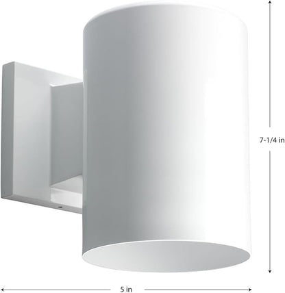 Progress Lighting 5-Inch Cylinder Outdoor Wall Sconce, 1-Light Modern Wall Mount Light, Interior and Exterior Lighting for Home or Porch, Aluminum Construction, White (P5674-30)
