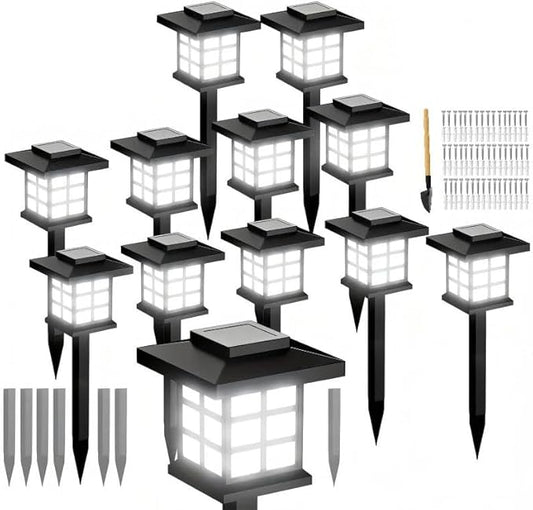 Solar Outdoor Path Lights, Waterproof LED Landscape Garden Lights,IP55 Black Grid Design, 15.7 Inch Height, 700mA Battery (White Light, 11 get 1 Free)