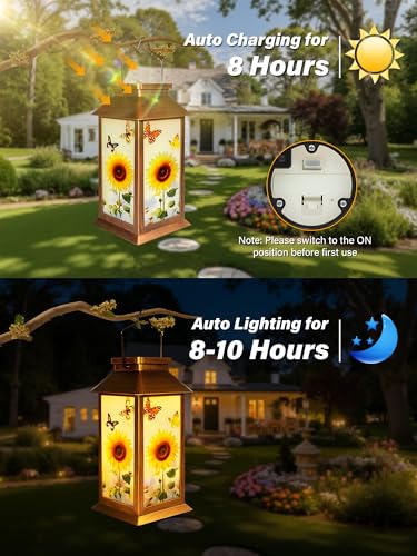 Guhope Birthday Gifts for Women Mom Grandma Men, Solar Lanterns Outdoor Waterproof Hanging Garden Decor with Sunflower Butterfly Pattern Outdoor Solar Lights for Garden Lawn Yard Patio Porch