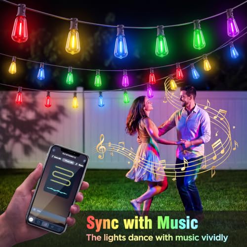 25FT Plug-in String Lights, Fixed 5-Color ST38 Bulbs, Bluetooth & Remote
