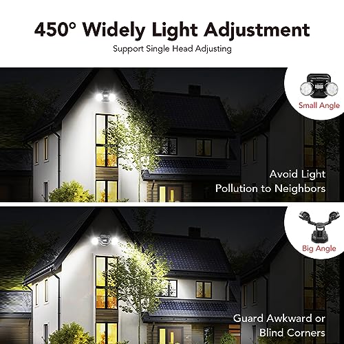OREiN Motion Sensor Outdoor Security Lights, Dual-Head Adjustable LED Flood Lights, 3 Modes (Motion/Manual/Dusk to Dawn), 150W Equivalent, 5000K, IP65 Waterproof, Hardwired, Black (2 Pack)