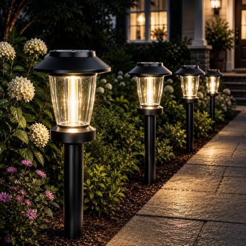 Solar Pathway Lights Outdoor, 12 Pack Warm White Tungsten Filament Solar Lights, 3 Lighting Modes, Auto On/Off, IP65 Waterproof, Dusk to Dawn Solar Garden Lights for Yard, Driveway, Lawn & Landscape