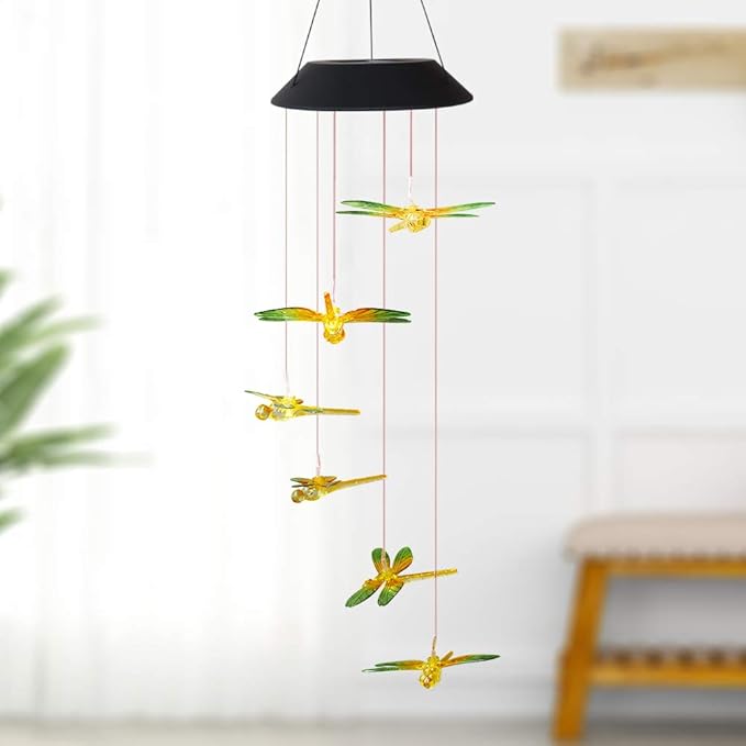 Solar Mobile Lights Hanging Wind Chime, Color Changing Outdoor Solar Garden Decorative Lights for Walkway Pathway Backyard Decoration Parties (Yellow Dragonfly)