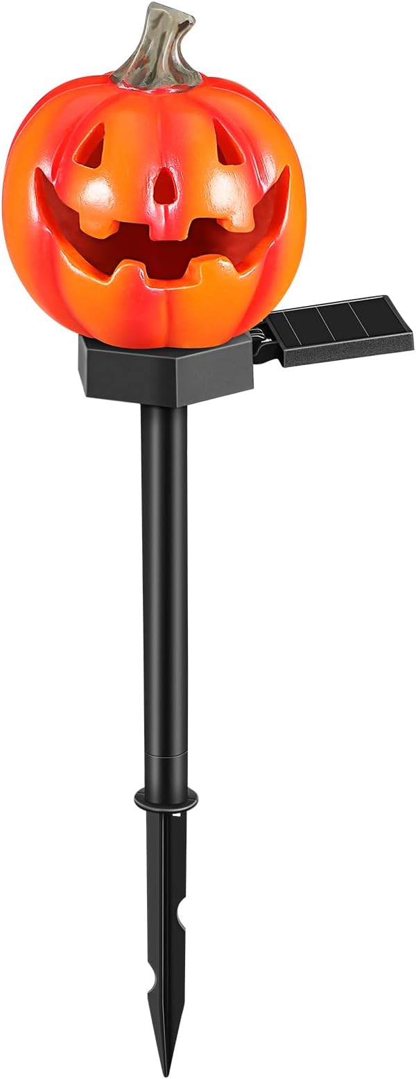 Solar Powered Pumpkin Garden Stake Light Outdoor Solar Pathway Lamp Lawn Decor Halloween Jack Lantern Stake with Resin Craft for Yard Lighting