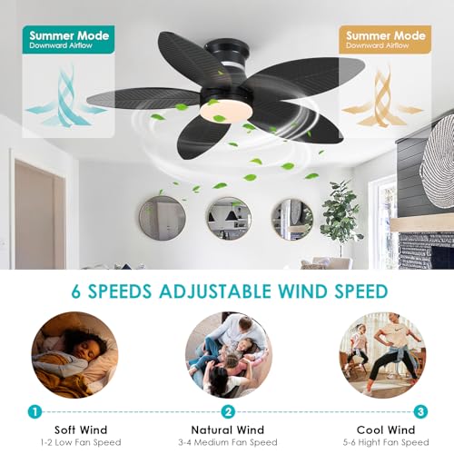 Surtime 46" Black Ceiling Fans with RGB Lights - Flush Mount Ceiling Fan Light with LED 3CCT Dimmable, Tropical Palm Leaf Ceiling Fans for Indoor Party,Covered Outdoor