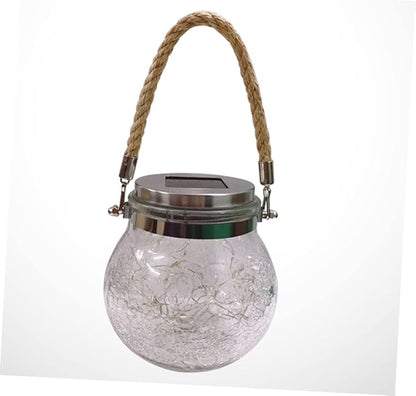 POPETPOP Solar Powered Crackle Glass Jar Lights Hanging Lamps for Outdoor Garden Lawn Patio Decor Unique Blue Light Design with Rope Handle