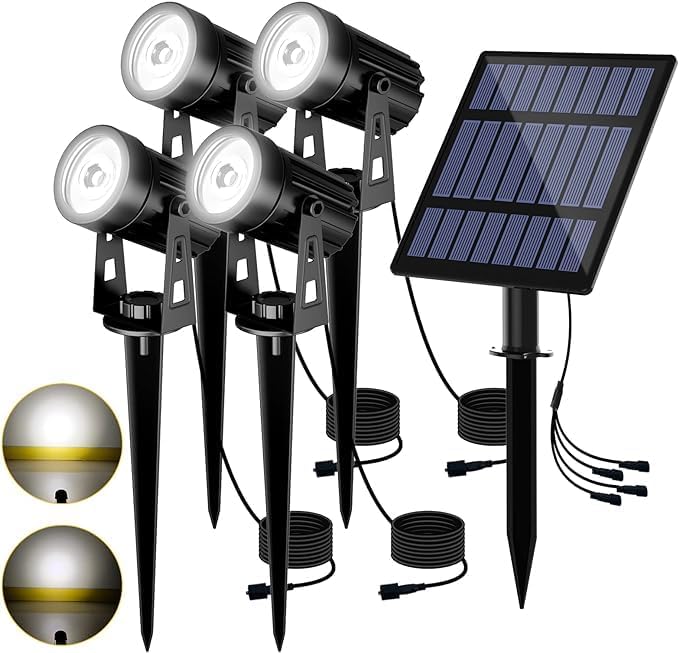 IgnisTerra Solar Spotlights 4-in-1 - Lighting Sensor & IP65 Waterproof, Auto On/Off for Garden, Yard, Driveway & Pool - 200LM Super Bright White & Red Light Modes