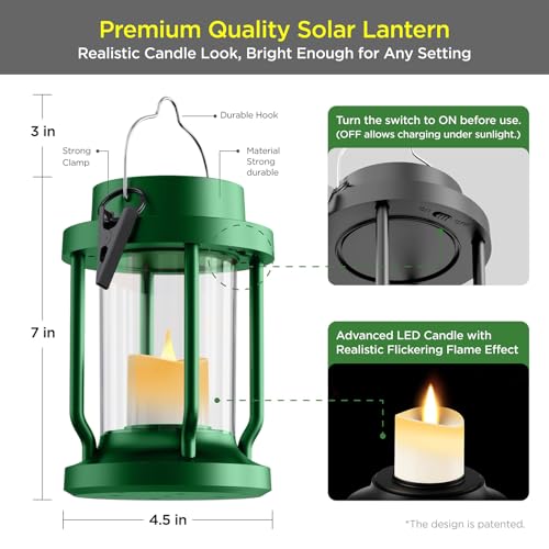 Solar Lantern Outdoor & Indoor Use – Hanging Solar Lights with Realistic Flickering Flameless Candle, Weatherproof for Gardens, Patios, Trees, and Lawns (Green, 1 Pack)