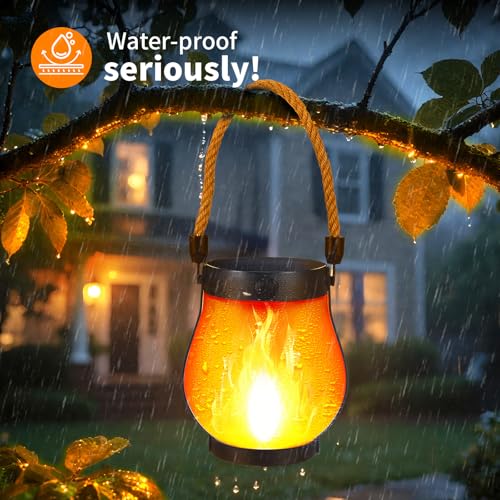 2 Pack Solar Flame Lantern Lights — Flickering Flame Hanging Lanterns Outdoor, Waterproof Garden Lights with 2 Modes Dual Charging USB & Solar Yard, Patio Decor