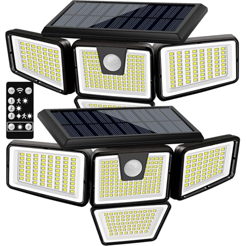 Solar Lights Outdoor 2 Pack, 300 LED Motion Sensor Lights, 4 Heads, IP65
